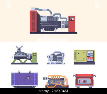 Kraftstoffgenerator. Stahl industrielle elektrische Maschinen Energieerzeugung Wartung Generatoren grellen Vektor flache Illustrationen Sammlung Stock Vektor