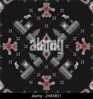 Nahtloses Muster. Kleiner Weihnachtszug, der den Weihnachtsbaum trägt. Niedlicher Kuschelbär. Hintergrundfarbe dunkelgrau. Vektorgrafik. Stock Vektor