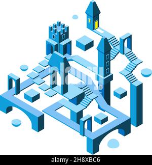 Isometrisches Labyrinth. 3D architektonisches Objekt großes Gebäude mit vielen unmöglichen Wegen und Türen Treppen Türme grellen Vektor Labyrinth Illustration Stock Vektor