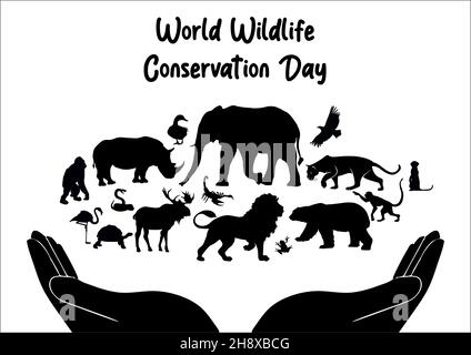 Ein eindrucksvolles Bild des World Wildlife Conservation Day zeigt offene Hände, die Silhouetten der Tierwelt umhüllen. Der Text betont den Schutz gefährdeter Arten Stockfoto