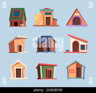 Holzplatz für Hunde. Häusliche Welpen Haus Wohnzimmer Box für entspannende Haustiere grish Vektor bunte Cartoon-Bilder isoliert Stock Vektor
