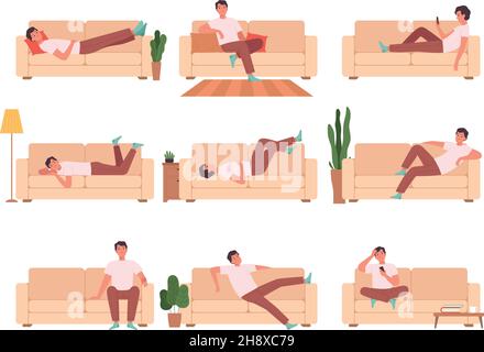 Person, die sich auf dem Sofa entspannt. Mann sitzt auf Couch schlafen denken Charakter träumen in verschiedenen Posen nowaday Vektor Cartoon Bilder eingestellt Stock Vektor
