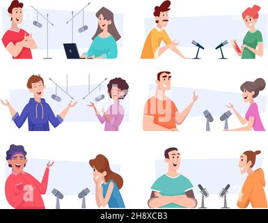 Broadcast-Dialog. Radio Studio Menschen sprechen Mikrofone Audio-Lautsprecher genaue Vektor-Illustrationen gesetzt Stock Vektor