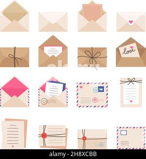 Briefumschläge. Briefbriefe Grußkarten romantische Umschläge gestempelte Schilder Etiketten jüngsten Vektor Illustrationen Sammlung Stock Vektor