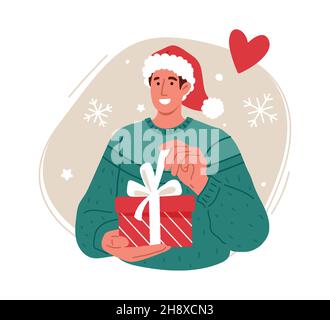 Lächelnder Mann öffnet Geschenk für Chtistmas, neu, year.Vector flache Illustration Stock Vektor