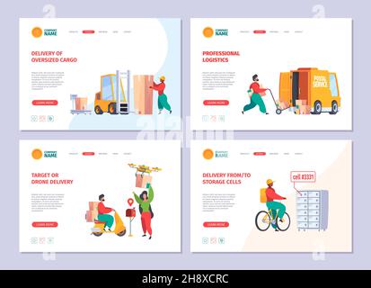 Lieferdienst wird erreicht. Postbote liefern Postpakete Kundenservice Senden Papierpost grellen Vektor Business-Webseiten Stock Vektor