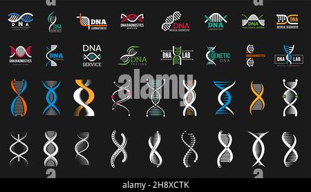 DNA-Symbole. Medizinisches Genlabor, Wissenschaftslabels und Symbole für die biotechnologische Forschung. Gesundheitsvektorelemente für Menschen Stock Vektor