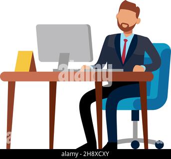 Geschäftsmann am Schreibtisch. Mann, der am Computer arbeitet Stock Vektor