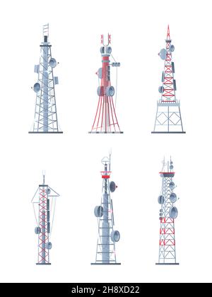 Kommunikationstürme. Technologische moderne Netzwerk drahtlose Systeme Telekommunikation intelligente Gebäude grellen Vektor-Bilder isoliert gesetzt Stock Vektor