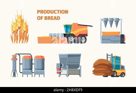 Weizenernte. Brotproduktion Backindustrie leckere Lebensmittel aus Getreidesamen landwirtschaftlichen Maschinen und Einzelhandelsmärkten grellen Vektor-flach Infografik Stock Vektor