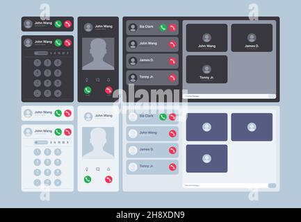Anrufanzeige. UI-Interface-Kit mit Video ablehnen Telefon Web-Dialog-Frames und Symbole Voicemail-Fenster Kommunikationsvorlagen grellen Vektor Stock Vektor
