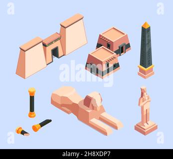 Das alte ägypten. Architektonische alte Objekte von ägypten Pyramidenbauten Wüste historische Konstruktionen grellen Vektor isometrische Illustrationen Stock Vektor