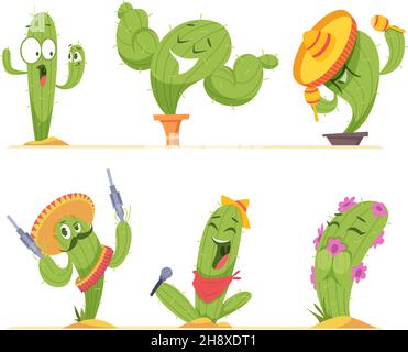 Kaktusfiguren. Mexiko authentische Pflanzen glückliche Gesichter in Cartoon-Stil genaue Vektor-Bilder von Emoticon von Kaktus in verschiedenen Posen Stock Vektor
