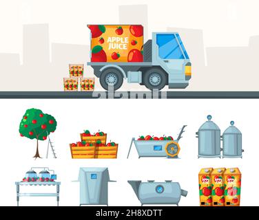 Saftproduktion. Industrie-Förderer von Saft aus Früchten Getränke Lebensmittel grellen Vektor flache Bilder isoliert gesetzt Stock Vektor