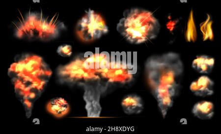Realistische Bombenexplosion. Feuer-Explosionen-Effekt, Licht und Dampf-Vektor-Sammlung Stock Vektor