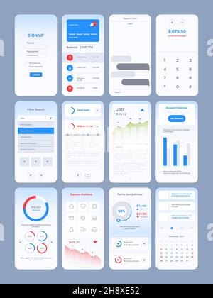 Webseiten-Design. App Online-Vorlagen mit Benutzer ui-Kit verschiedene moderne Symbole Symbole Navigationsrahmen Suchleiste Schieberegler Schaltflächen Trennwände grish Stock Vektor