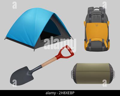 Camping realistisch. Travel Elements Gitarre Zelt Rucksack Lagerfeuer anständige Vektor Illustrationen Sammlung isoliert auf weißem Hintergrund Stock Vektor
