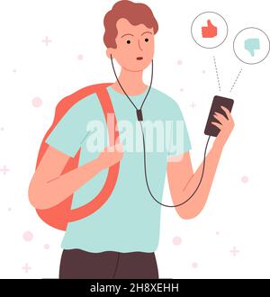 Mag Konzept nicht. Mann hält Smartphone und denkt nach. Junge hören Musik online oder Podcast, wählen Sie Aktion in Social Media Vektor-Konzept Stock Vektor