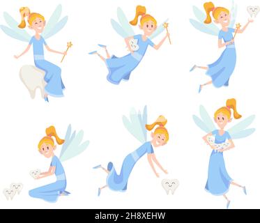 Zahnfee. Niedliche kleine fliegende Prinzessin mit Flügeln in Aktion posiert genaue Cartoon Fantasy Maskottchen isoliert Stock Vektor