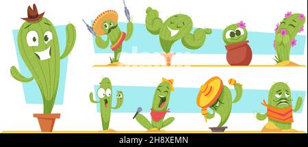 Grüner Kaktus. Lustige Charaktere in Aktion stellt stilvolle grüne mexikanische Pflanzen Kaktus Gesichter genaue Vektor Cartoon Illustrationen isoliert Stock Vektor