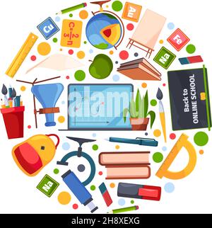 Schulsymbole. Kreisform mit Bildung Ikonen Bücher Computer Rucksack digitale Gadgets Bleistift Apfel grellen Vektor-Konzept-Design für Studenten Stock Vektor