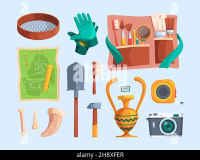 Ausrüstung für die Archäologie. Abenteuer Funde Artefakte antike Gegenstände Knochen archäologische Bürste Lupe antike Steine und Karte grellen Vektor Stock Vektor