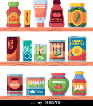Lebensmittel. Supermarkt Konserven Produkt in den Regalen Pakete und Gläser mit Suppe Mahlzeit konservierte Früchte flüssige Waren grellen Vektor Cartoon Bilder Stock Vektor
