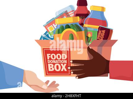 Spendenbox. Lebensmittelverpackungen und Lebensmittelbehälter Spende Freiwillige Gemeinschaft helfen Kampagne Konserven Produkte grellen Vektor-Illustrationen Stock Vektor