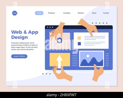 Hands App-Programmierung Landung. Design Studio ui Anwendung Kreation kreative Prozesse menschliche Hände halten Schnittstelle geometrischen Verschönerung neu Stock Vektor