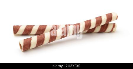 Zwei süße Sticks mit Schokolade isoliert auf weiß. Stockfoto