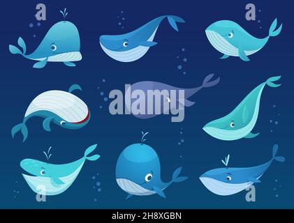 Wale-Cartoon. Unter Wasser wild große niedliche Fische Meer oder Meer schwimmende Tiere genaue Vektor-Wale in verschiedenen Posen isoliert Stock Vektor
