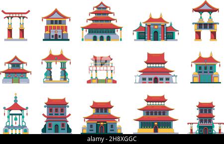 Asiatische Gebäude. China traditionelle palazzo alte Häuser Pagode architektonischen Gebäuden grellen Vektor flache Illustrationen Sammlung Stock Vektor