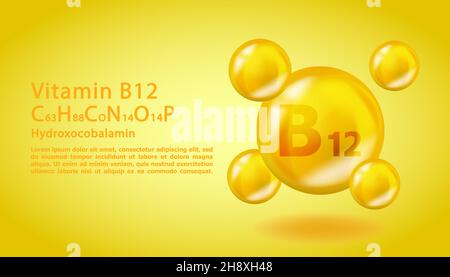 3D Vitamin-Molekül B12 Cyanocobalamin-Design. Realistischer B12 Cyanocobalamin-Vitamintropfen. Gelbe Abbildung des Ernährungskomplexes. Stock Vektor