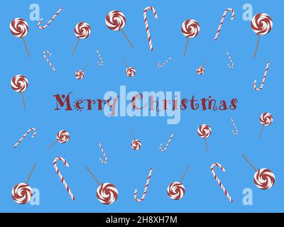 3D Abbildung. Helle und bunte Silhouetten in verschiedenen Größen Süßigkeiten auf blauem Hintergrund mit „Merry Christmas“-Inschrift. Festliches Muster. Stockfoto