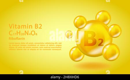 3D Vitamin Molecule B2 Riboflavin Design. Realistischer B2 Riboflavin Vitamintropfen. Gelbe Abbildung des Ernährungskomplexes. Stock Vektor