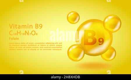 3D Vitamin Molecule B9 Folsäure-Design. Realistischer B9-Folsäure-Vitamintropfen. Gelbe Abbildung des Ernährungskomplexes. Stock Vektor