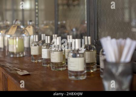 Anzahl der Parfüms in Glasflaschen auf einer Holzoberfläche Stockfoto