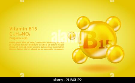 3D Vitamin Molecule B15 Pangaminsäure-Design. Realistischer B15 Pangaminsäure-Vitamintropfen. Gelbe Abbildung des Ernährungskomplexes. Stock Vektor