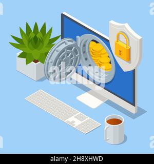 Isometrisches Geld aus Cloud-Computing, Online-Analyse und sicherer Zahlungsanalyse. Blockchain-Technologie, Kryptowährungsbergbau, Finanzen, digitaler Geldmarkt Stock Vektor