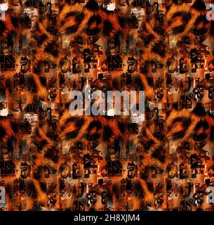Abstrakte Handzeichnung Pelz-Pinselstriche Nahtloses Leopard Geparden Tierhaut Nahtloses Muster mit alter Textur Hintergrund.Tie Dye Gradient Horizontal Stockfoto