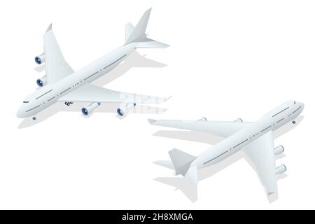 Isometrische Flugzeuge auf blauem Hintergrund. Industrieller Blueprint des Flugzeugs. Airbus Industries Airplane B-747 Super Jumbo Großraumpassagier Stock Vektor