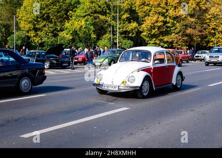 Bukarest, Rumänien, 24. Oktober 2021: Ein lebendiger rot-weißer Volkswagen Beetle deutscher Oldtimer im Verkehr auf einer Straße bei einer Veranstaltung für Oldtimer Stockfoto