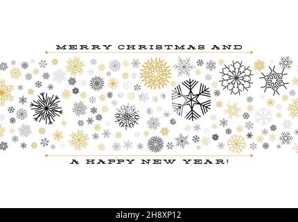 Weihnachtskarte mit Streifen aus Gold und Silber Schneeflocken mit Frohe Weihnachten und Frohe Neujahrsgrüße Stock Vektor
