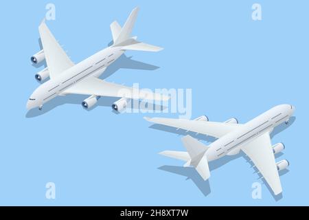 Isometrische Flugzeuge auf blauem Hintergrund. Industrieller Blueprint des Flugzeugs. Airbus Industries EADS Airbus A380 Super Jumbo-Großraumpassagier Stock Vektor