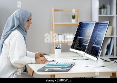 Programmierer Frau Trägt Hijab Arbeiten. Codierung Von Geschäftssoftware Stockfoto