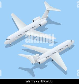 Isometrische Flugzeuge auf blauem Hintergrund. Industrieller Blueprint des Flugzeugs. Verkehrsflugzeug im Oberen Flugzeug MD-90 Stock Vektor