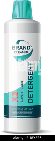 Realistisches Design der Waschmittelverpackung. Plastikflasche mit blauer Etikettenvorlage Stock Vektor