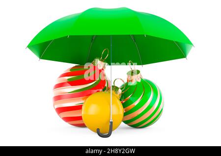Weihnachtskugeln unter Regenschirm, 3D Rendering isoliert auf weißem Hintergrund Stockfoto