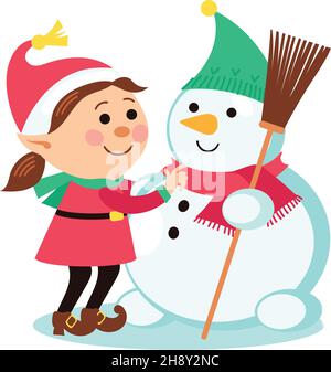 Weihnachten elf Mädchen machen Schneemann. Niedliche Comic-Figuren Stock Vektor