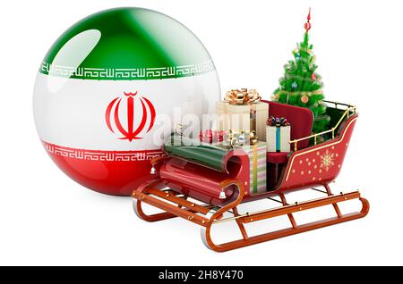 Weihnachten im Iran, Konzept. Weihnachtsmann Schlitten voller Geschenke mit iranischer Flagge. 3D Darstellung isoliert auf weißem Hintergrund Stockfoto